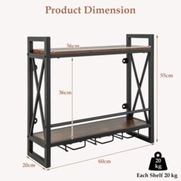 Costway Industrial 2-Tier Wine Rack Wall Mounted Wine Storage Shelf W/3 Glass Holders - thumbnail 2