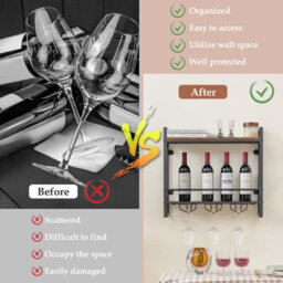 Costway Industrial 2-Tier Wine Rack Wall Mounted Wine Storage Shelf W/3 Glass Holders - thumbnail 7