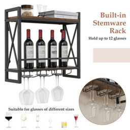 Costway Industrial 2-Tier Wine Rack Wall Mounted Wine Storage Shelf W/3 Glass Holders - thumbnail 6