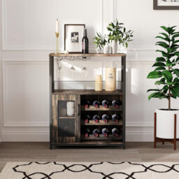 Wooden Wine Bar Cabinet With Wine Rack Stemware Holders And Mesh Door (H)92Cm X (W)70Cm X (D)35Cm, Brown