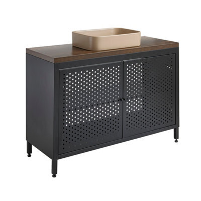 Homestylestore 1200mm Black Metal Floorstanding Bathroom Vanity Unit Dark Oak Countertop And Rectangular Sand Basin - image 1