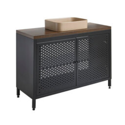 Homestylestore 1200mm Black Metal Floorstanding Bathroom Vanity Unit Dark Oak Countertop And Rectangular Sand Basin