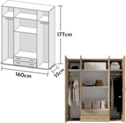 Arte Timeless Stella Trading Base Oak Sonoma Hinged Door Wardrobe W1600mm H1770mm D520mm - Spacious Storage, Classic Design - thumbnail 3