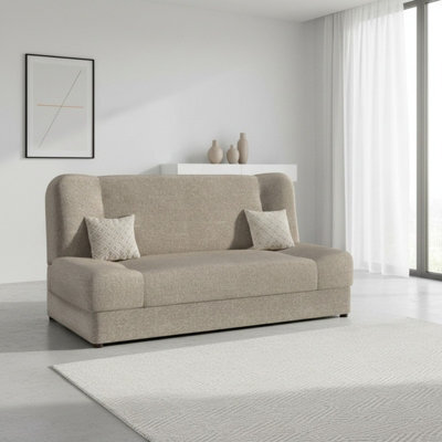 Jonas Living Room Sofa Bed With Click Clack Sleeping Surface Storage Container Wooden Frame Light Grey And Patterned Pillows - image 1