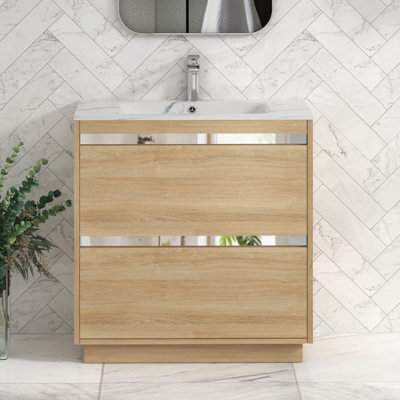 Royal Bathrooms Orion 800mm Natural Oak 2 Drawer Floor Standing Vanity Unit With Carrara White Basin & Chrome Accent Trim - image 1