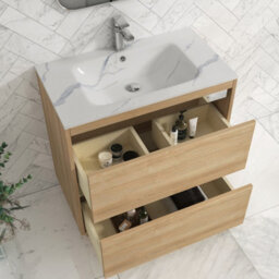 Royal Bathrooms Orion 800mm Natural Oak 2 Drawer Floor Standing Vanity Unit With Carrara White Basin & Chrome Accent Trim - thumbnail 4