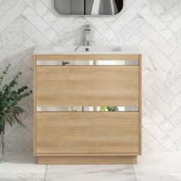 Royal Bathrooms Orion 800mm Natural Oak 2 Drawer Floor Standing Vanity Unit With Carrara White Basin & Chrome Accent Trim - thumbnail 1