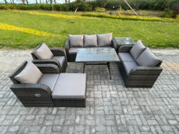 Fimous 8 Seater High Back Pe Rattan Sofa Set Outdoor Garden Furniture Dining Table Set With Reclining Chair For Garden - thumbnail 2