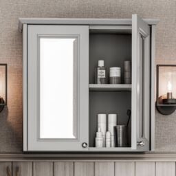 Heritage Winterbourne Satin Mist Grey Double Bathroom Wall Cabinet With 2 Mirror Doors (H)595mm (W)640mm - thumbnail 3
