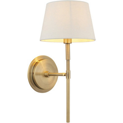 Loops Indoor Antique Brass Plate Wall Light - Ivory Linen Mix Fabric Shade - Dimmable 6W Led E14 - image 1
