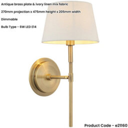 Loops Indoor Antique Brass Plate Wall Light - Ivory Linen Mix Fabric Shade - Dimmable 6W Led E14 - thumbnail 2