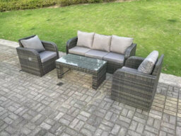 Fimous 5 Seat Pe Rattan Garden Furniture Set Adjustable Chair Lounge Sofa Set Oblong Coffee Table Dark Grey Mixed - thumbnail 2