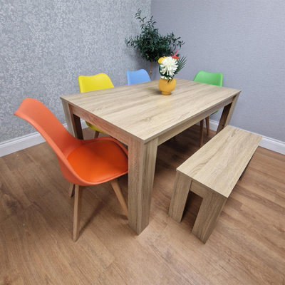 Kosy Koala Oak Effect Dining Table Set With 4 Mix Plastic Chairs And Bench Dining Room Furniture - image 1