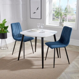 Core Products Aspen White 80Cm Square Dining Table With 2 Blue Cord Fabric Straight Stitch Design Chairs