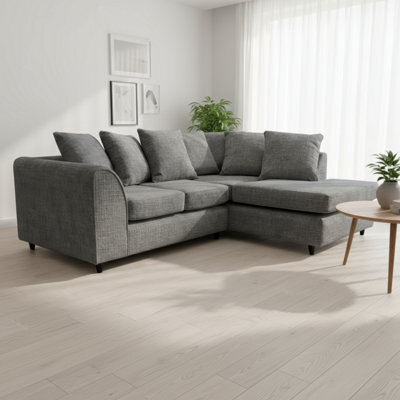 Abakus Direct Jumbo Chenille Corner Sofa In Dark Grey Right Facing With Plush Chaise Extension - image 1