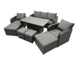 Fimous Rattan Garden Furniture Dining Set 8-Seater Patio Height Adjustable Rising Lifting Table Sofa Set With 4 Footstools - thumbnail 2