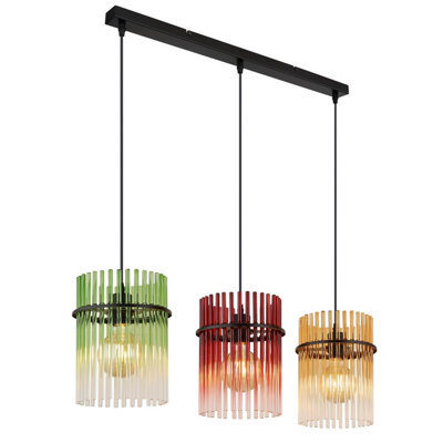 Luminosa Lighting Luminosa Gorley Bar Pendant Ceiling Light Matt Black Rods Multicolour Glass Shade 3X E27 - image 1