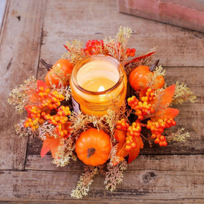 "Amorly Set Of 2 Fall Candle Rings For Pillars Maple Leaf Candle Rings Wreaths 3 Inch Center 10"" Small Pumpkin Wreath For Halloween Decor" - image 1