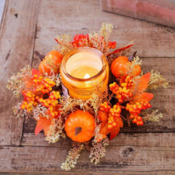 "Amorly Set Of 2 Fall Candle Rings For Pillars Maple Leaf Candle Rings Wreaths 3 Inch Center 10"" Small Pumpkin Wreath For Halloween Decor" - thumbnail 1