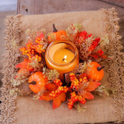 "Amorly Set Of 2 Fall Candle Rings For Pillars Maple Leaf Candle Rings Wreaths 3 Inch Center 10"" Small Pumpkin Wreath For Halloween Decor" - thumbnail 3