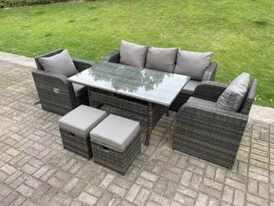 Fimous Dark Grey Pe Rattan Garden Furniture Set 3 Seater Lounge Sofa Reclining Chair Outdoor Rectangular Dining Table - image 1