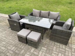 Fimous Dark Grey Pe Rattan Garden Furniture Set 3 Seater Lounge Sofa Reclining Chair Outdoor Rectangular Dining Table - thumbnail 2