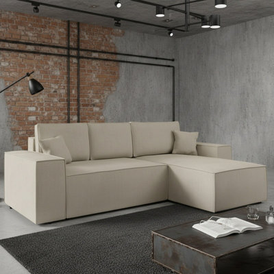 Malaga L Shaped Mdf Corner Sofa Bed With Storage Dl Pull Out Seat Loose Back Cushions 279X94X181 Beige Right - image 1