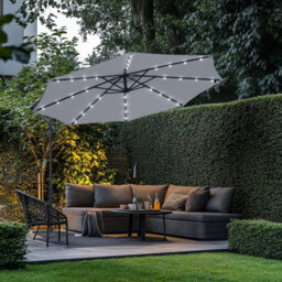 Rinse Bathrooms Grey Garden Banana Parasol Hanging Cantilever Umbrella Sun Shade With Crank Handle 3M & Solar Powered Lights - thumbnail 1