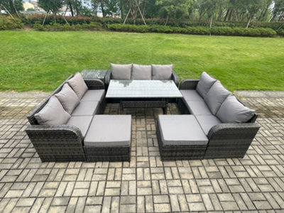 Fimous Wicker Pe Rattan Sofa Outdoor Garden Furniture Set With Rectangular Dining Table 2 Big Footstool Side Table Dark Grey Mixed - image 1