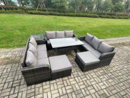 Fimous Wicker Pe Rattan Sofa Outdoor Garden Furniture Set With Rectangular Dining Table 2 Big Footstool Side Table Dark Grey Mixed - thumbnail 2