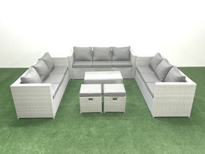 Fimous Rattan Garden Outdoor Furniture Set 11 Seater Garden Sofa Coffee Table Set 2 Small Stool Light Grey - image 1
