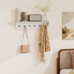 Gainoom Wall Hooks White Wooden Coat Rack Wall Floating Shelf With 6 Hooks For Hats Towels Purses Robes - thumbnail 8