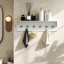 Gainoom Wall Hooks White Wooden Coat Rack Wall Floating Shelf With 6 Hooks For Hats Towels Purses Robes - thumbnail 9