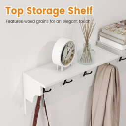 Gainoom Wall Hooks White Wooden Coat Rack Wall Floating Shelf With 6 Hooks For Hats Towels Purses Robes - thumbnail 3