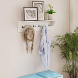 Gainoom Wall Hooks White Wooden Coat Rack Wall Floating Shelf With 6 Hooks For Hats Towels Purses Robes - thumbnail 6
