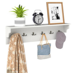 Gainoom Wall Hooks White Wooden Coat Rack Wall Floating Shelf With 6 Hooks For Hats Towels Purses Robes