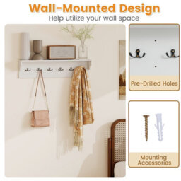 Gainoom Wall Hooks White Wooden Coat Rack Wall Floating Shelf With 6 Hooks For Hats Towels Purses Robes - thumbnail 5