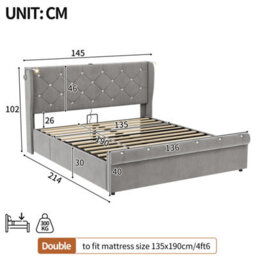 Btm 4Ft6 Double Upholstered Bed With Hydraulic Storage, Diamond Headboard, Usb Typec, Velvet Grey - thumbnail 8