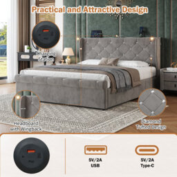 Btm 4Ft6 Double Upholstered Bed With Hydraulic Storage, Diamond Headboard, Usb Typec, Velvet Grey - thumbnail 7