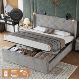 Btm 4Ft6 Double Upholstered Bed With Hydraulic Storage, Diamond Headboard, Usb Typec, Velvet Grey - thumbnail 1