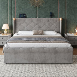 Btm 4Ft6 Double Upholstered Bed With Hydraulic Storage, Diamond Headboard, Usb Typec, Velvet Grey - thumbnail 4