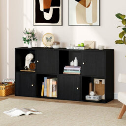Costway 4-Cube Bookcase 3-Tier Bookshelf Storage Organizer W/2 Cabinets-Black - thumbnail 6