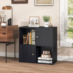 Costway 4-Cube Bookcase 3-Tier Bookshelf Storage Organizer W/2 Cabinets-Black