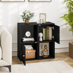 Costway 4-Cube Bookcase 3-Tier Bookshelf Storage Organizer W/2 Cabinets-Black - thumbnail 4