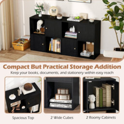Costway 4-Cube Bookcase 3-Tier Bookshelf Storage Organizer W/2 Cabinets-Black - thumbnail 7