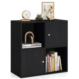 Costway 4-Cube Bookcase 3-Tier Bookshelf Storage Organizer W/2 Cabinets-Black - thumbnail 2
