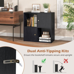 Costway 4-Cube Bookcase 3-Tier Bookshelf Storage Organizer W/2 Cabinets-Black - thumbnail 8