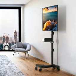 Mobile Tv Stand On Wheels, Rolling Tv Cart With Media Shelf, Tv Mount Stand - thumbnail 6
