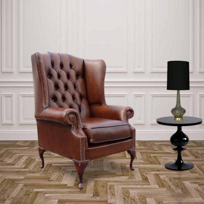 Chesterfield Prince's High Back Wing Chair Antique Tan Leather In Mallory Style - image 1