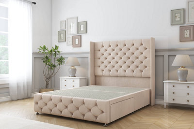 "Sloomy Luthor Sand Naples Divan Bed Base 2 Drawers Foot-End-54"" Wingback Headboard & 12"" Footboard 4'6 Double" - image 1